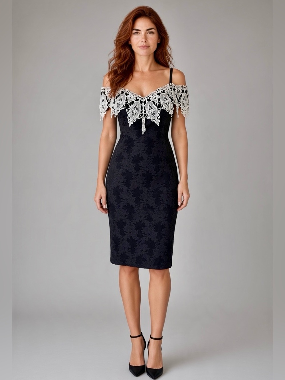 90s Romantic Gothic Black Jacquard Brocade & Lace Off the Shoulder Dress | M